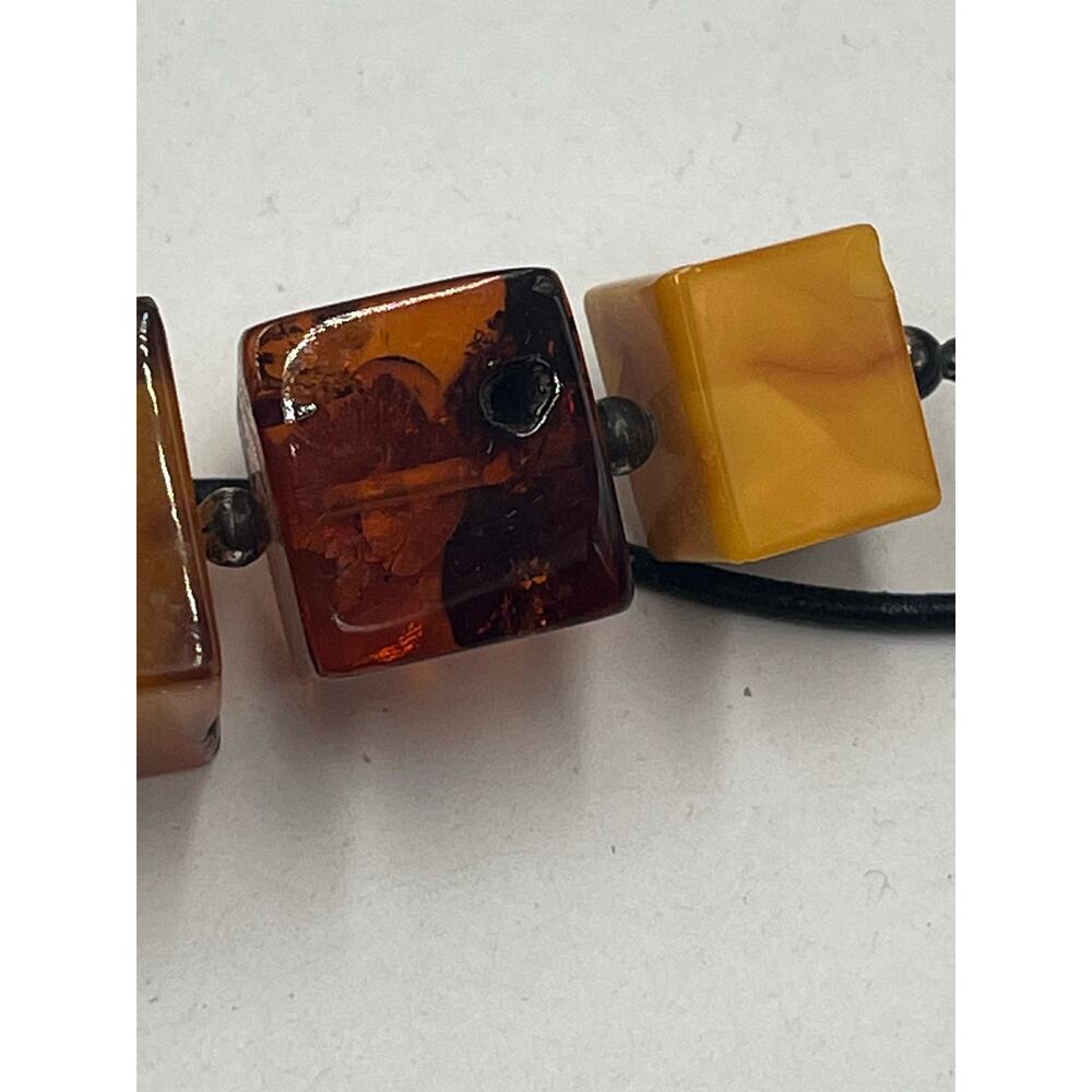 Sterling Silver Vintage Cube Modernist Triple Amber Pendant Black Chord Necklace - Picture 11 of 16